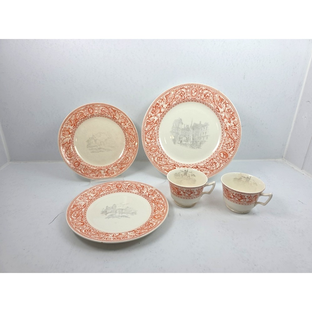Antique 1892 Minton & Co Florentine Red Transferware Plate Cup Set England 5pc